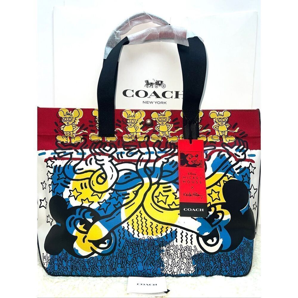 🔥🎁Nwt! Coach Disney Mickey Mouse Keith Haring Canvas Tote 38 Msrp:$350.00